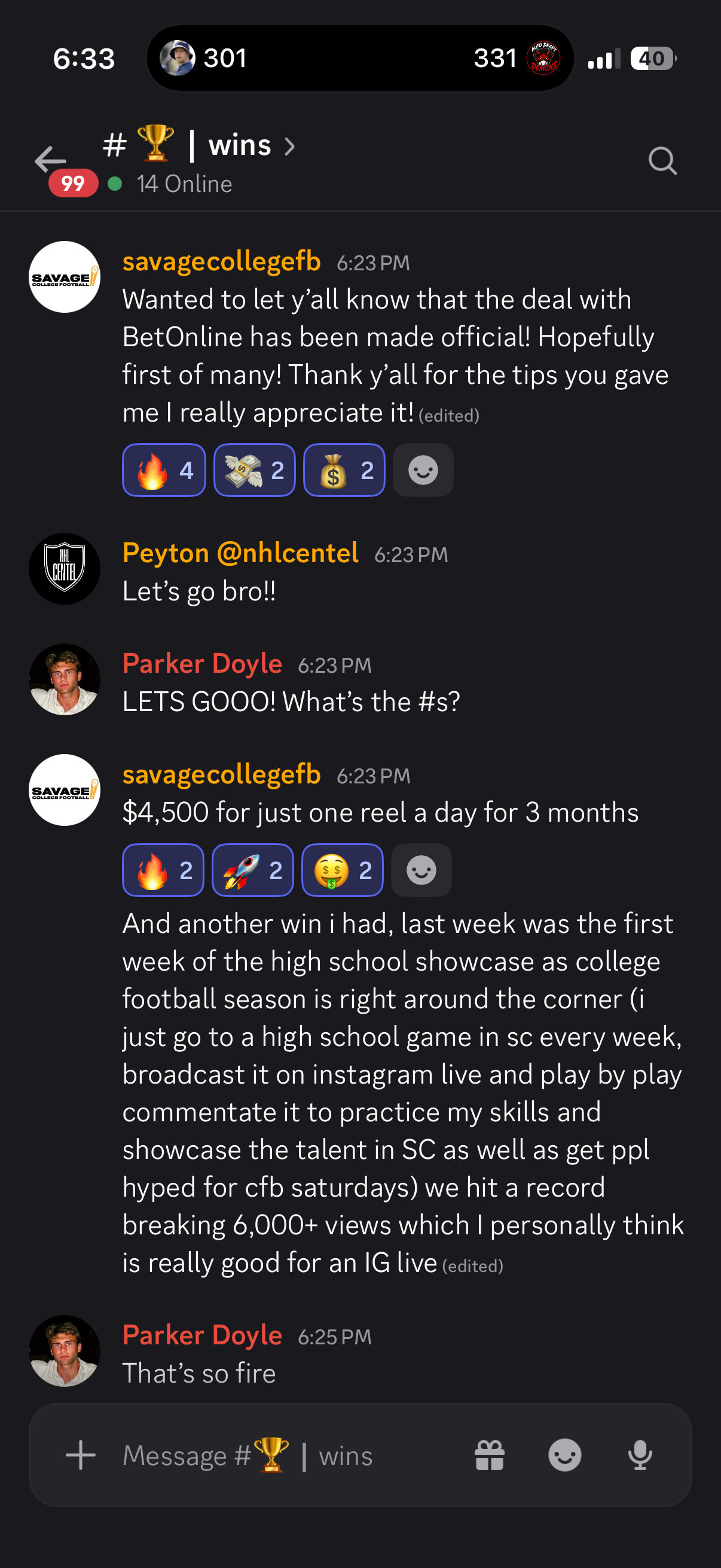 Savage College FB announcing a 4500 dollar BetOnline brand partnership after applying Theme Page Mastery guidance